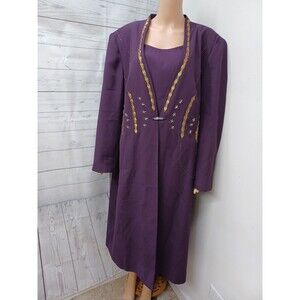 Vtg KB Stella Louise Long Duster Jacket Womens Purple Plum Beads Gold Thread 24W